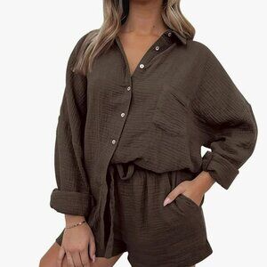 NWT - Brown Long Sleeve Button up and Shorts Matching Set - Size Small